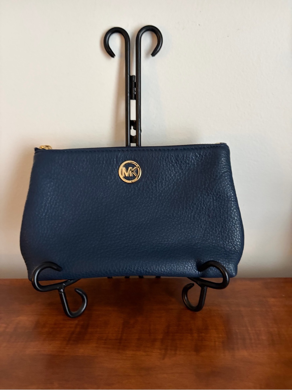 Michael Kors Navy Pebbled Leather Wristlet with Gold MK Emblem